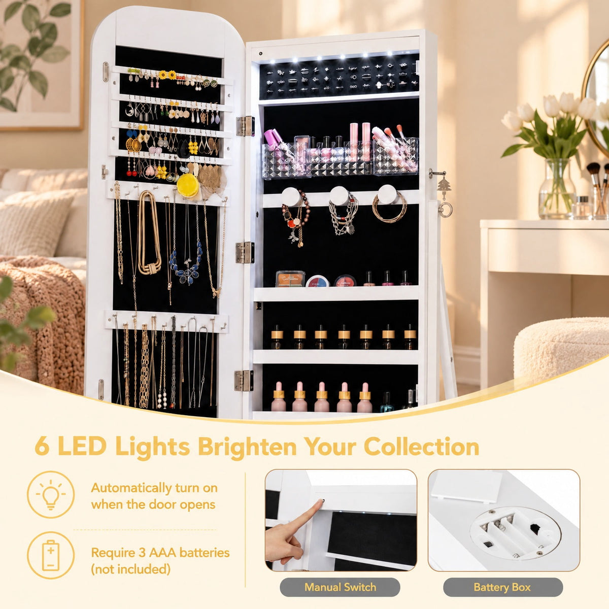 Airfind Jewelry Cabinet with Full-Length Mirror Large Storage Capacity, Engineered Wood Frame, 16.5 x 14.5 x 59 Footprint, White