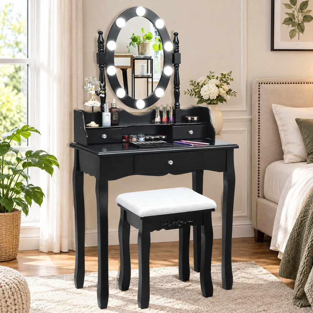 Airfind Oval Mirror Vanity Set with 10 LED Dimmable Bulbs and 3 Drawers, 287 lbs Capacity, MDF Pine Frame, Black