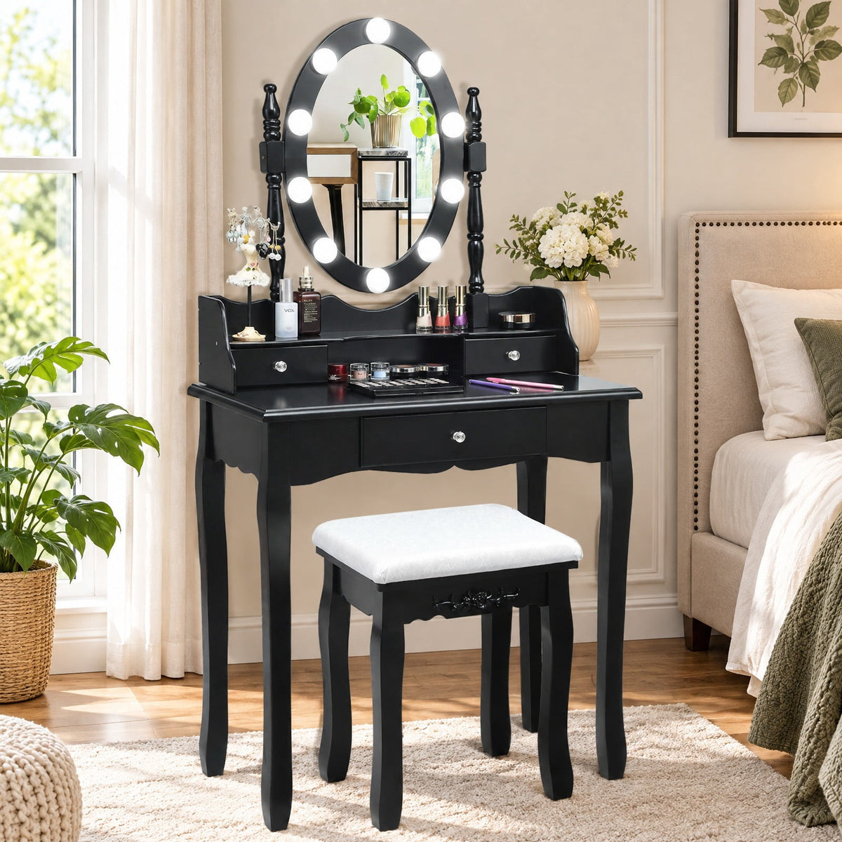 Airfind Oval Mirror Vanity Set with 10 LED Dimmable Bulbs and 3 Drawers, 287 lbs Capacity, MDF Pine Frame, Black