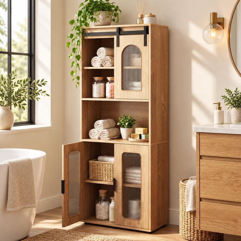 Airfind Farmhouse Bathroom Floor Cabinet with Sliding Barn Door, 44 Lbs Capacity, Engineered Wood, 23.5 Inch X 12 Inch X 59 Inch, Natural