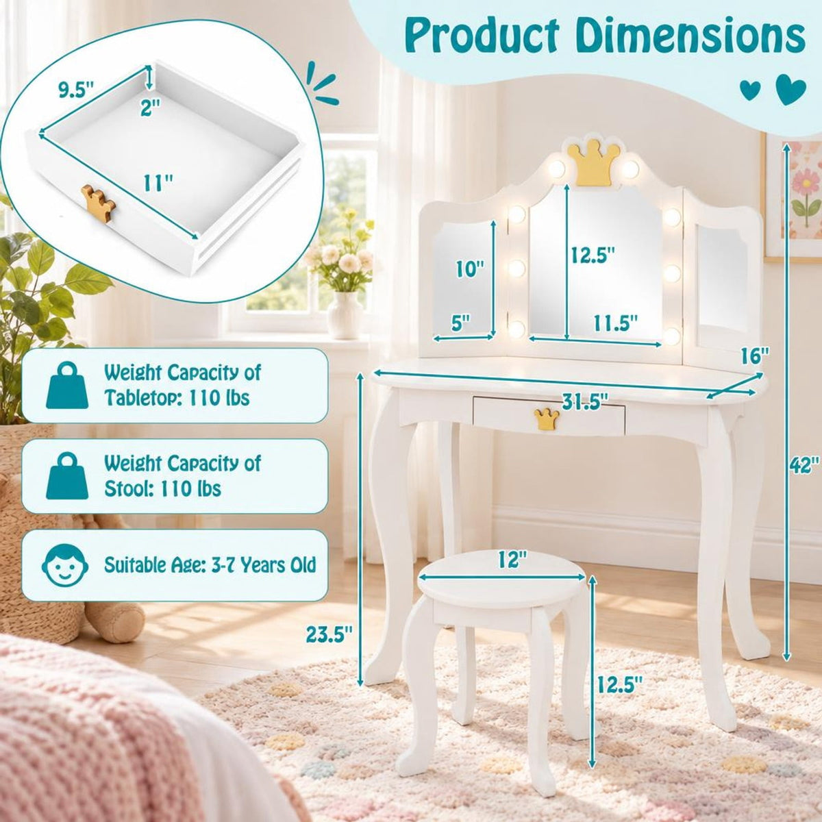Airfind Kids Vanity Set with Tri-fold Lighted Mirror Detachable Top and Stool, 110 lbs Capacity, MDF Frame, for 3-7 Years Old, White