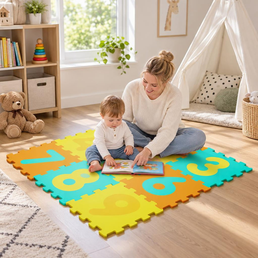 Airfind 9 Pieces Interlocking Foam Puzzle Floor Mat with 3 Marker Discs, EVA Foam Single Piece Frame, for 10 Months+, 71.5 Inch x 24.5 Inch Footprint