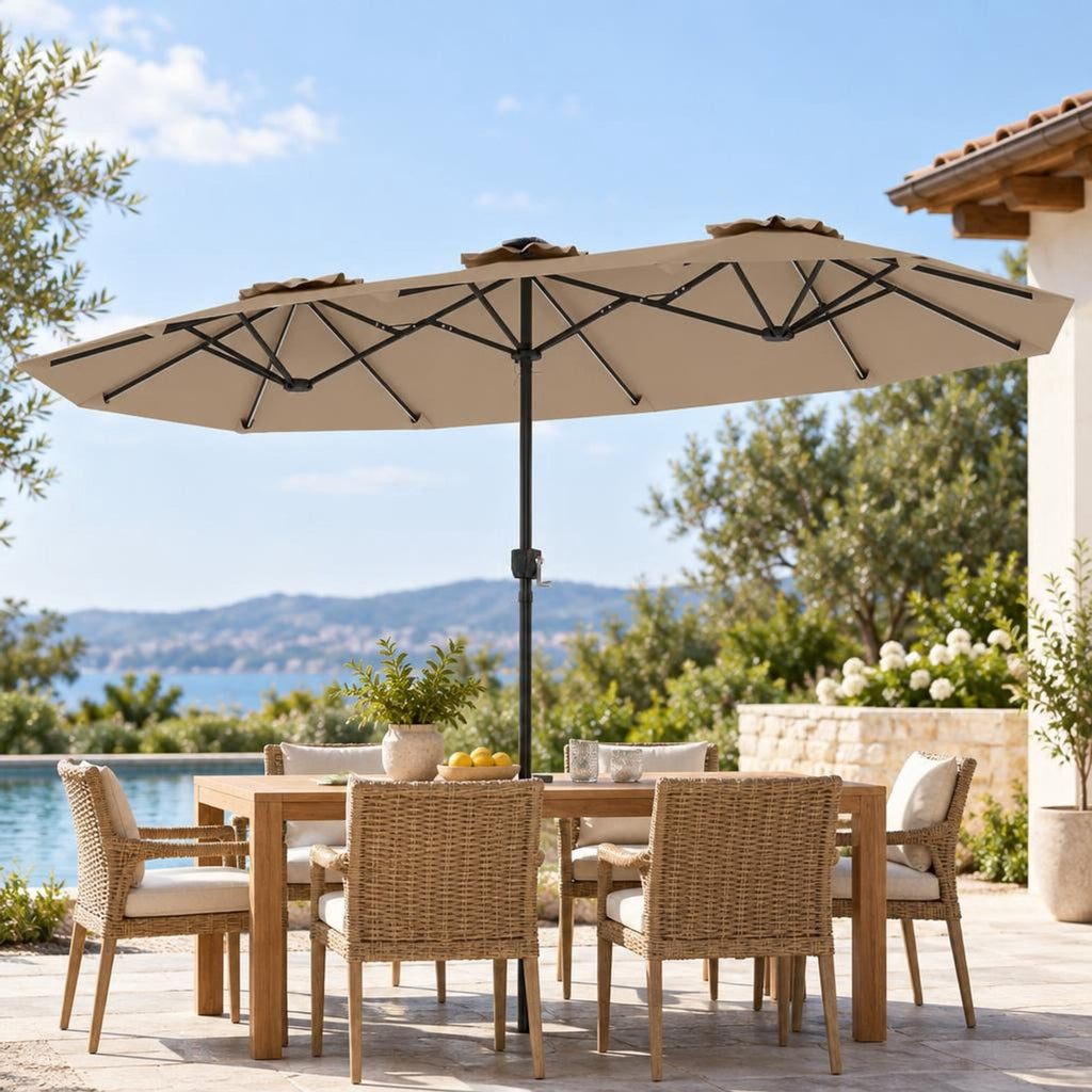 Airfind 13 FT Double-Sided Patio Umbrella with Color-Changing Flowing Solar LED Lights, Polyester Fabric Metal Frame, 13 x 7 ft Footprint, Brown