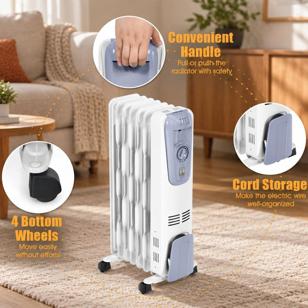 Airfind 1500W Oil Filled Radiator Heater with Thermostat and 4 Wheels for Living Room and Office, Steel Frame for Everyday Use, White
