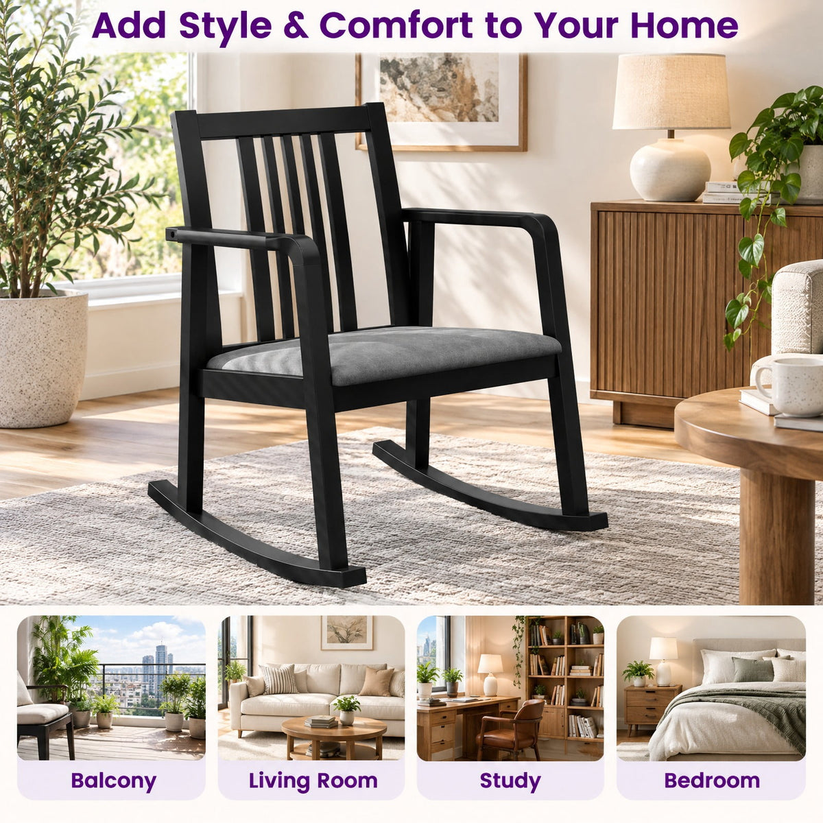 Airfind Rocking Chair with Slatted Back and Curved Armrests, 400 lbs Capacity, Rubber Wood Linen Fabric Sponge MDF Frame, 28 x 24 x 31 Footprint