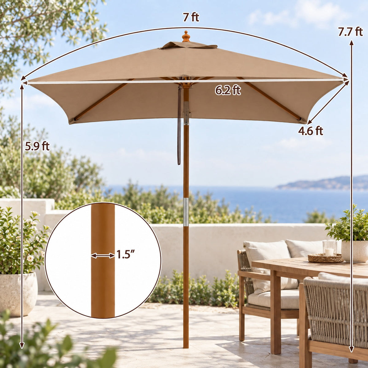 Airfind 7 Feet Outdoor Rectangular Patio Umbrella with 3 Adjustable Heights, Fabric Hardwood Bamboo Frame, 7 x 5.5 x 7.7 ft Umbrella Footprint