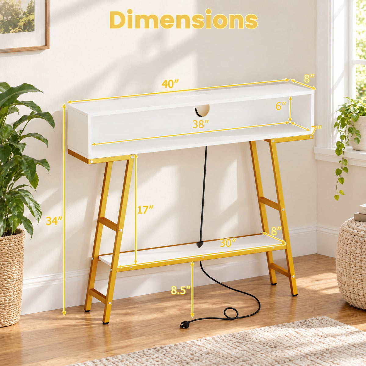 Airfind 40 Console Table with Charging Station and LED Lights, 45 lbs Capacity, Engineered Wood MDF Metal Frame, 40 x 8 x 34 Footprint, White