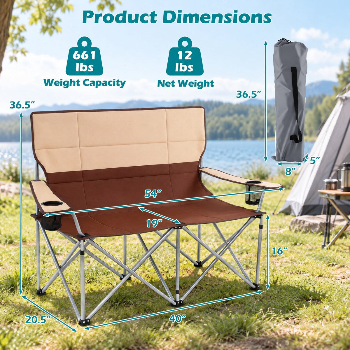 Airfind Double Camping Chair with Carry Bag Cup Holders, 660 lbs Capacity, Metal Oxford Fabric Sponge, 40 Inch x 20.5 Inch x 36.5 Inch , Brown