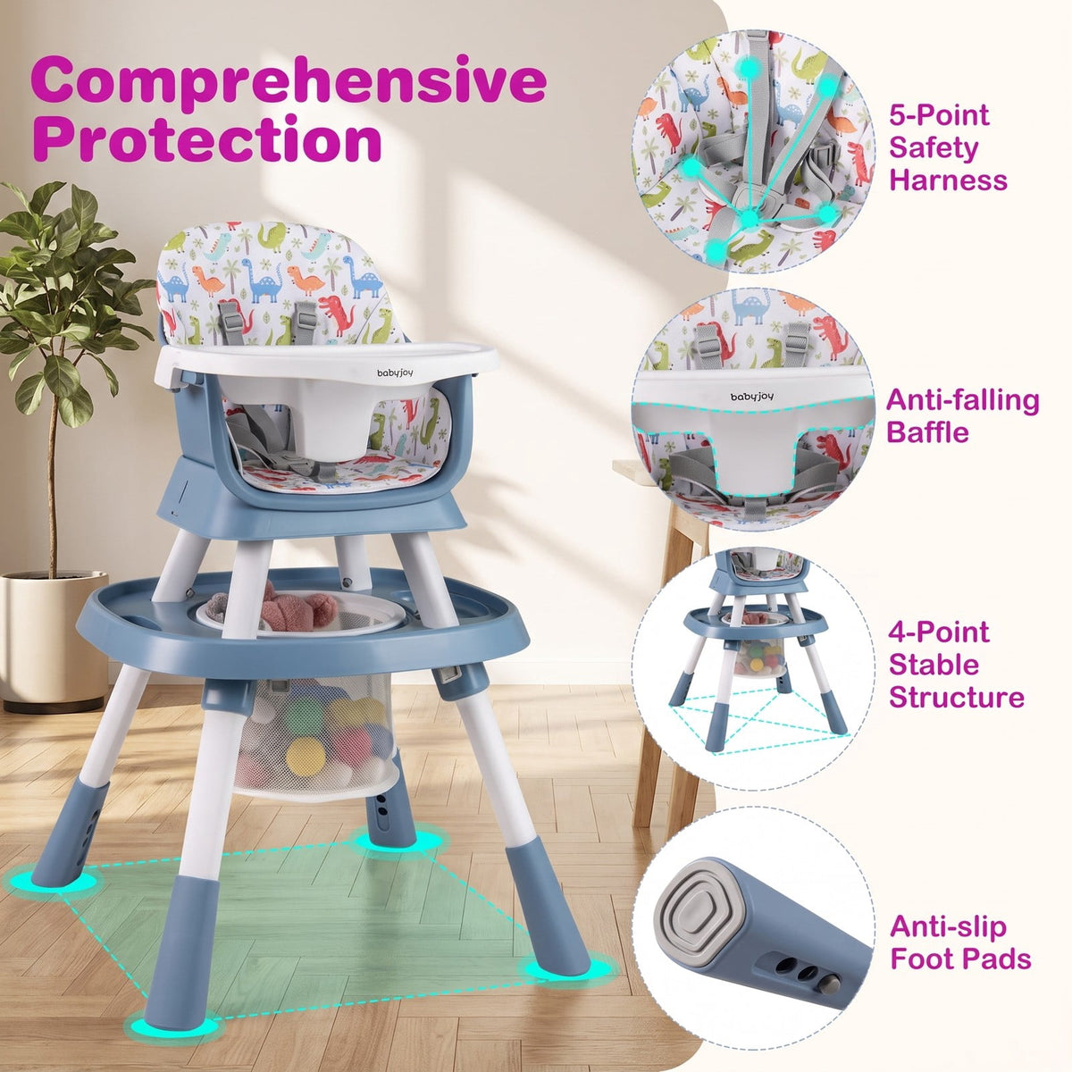Airfind 16-in-1 Baby High Chair with Activity Center and Booster Seat for Babies and Toddlers, 44 lbs Capacity, Metal Frame, Celadon