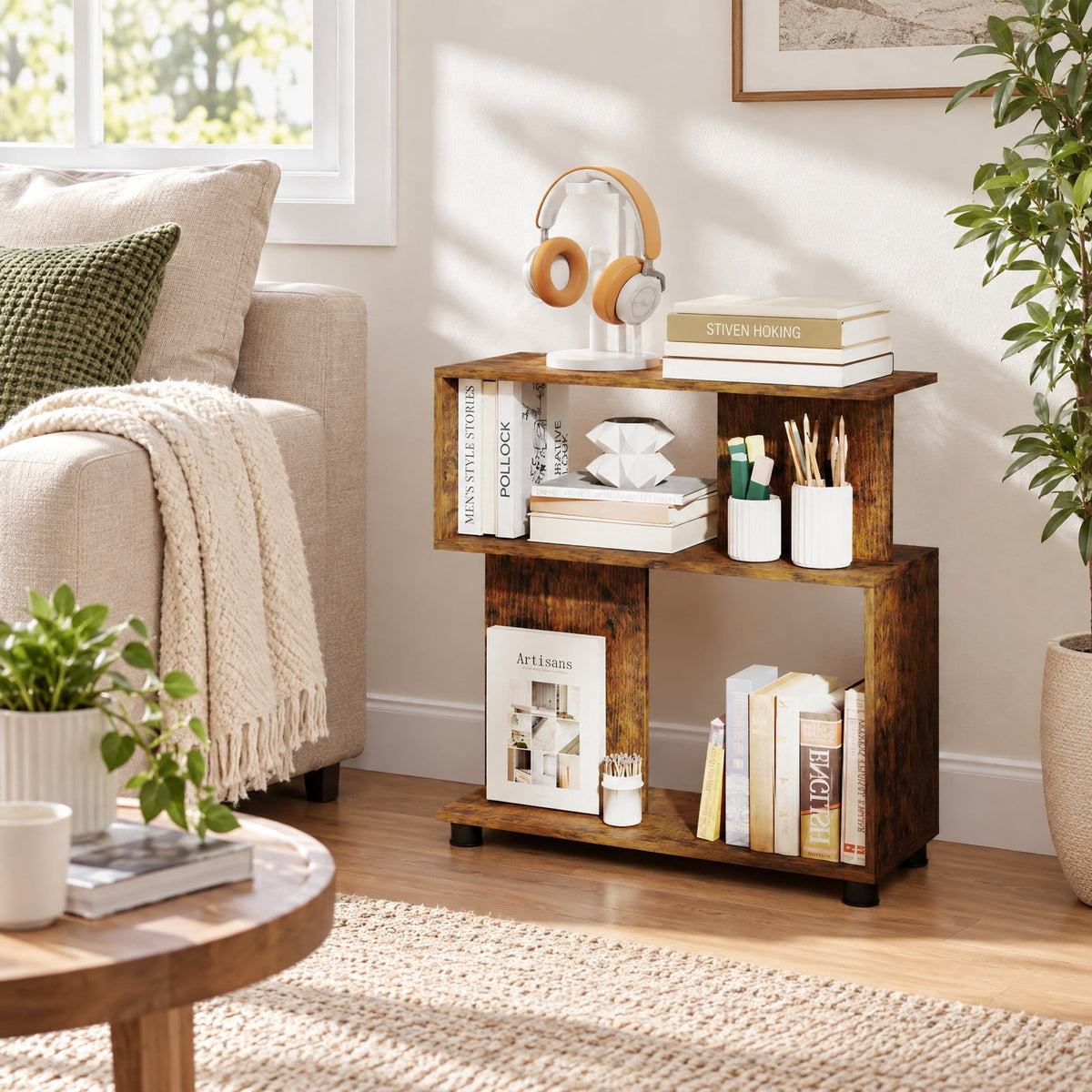 Airfind 3-Tier Modern S-shaped Bookshelf with Adjustable Feet, 135 lbs Capacity, Engineered Wood Frame, Brown
