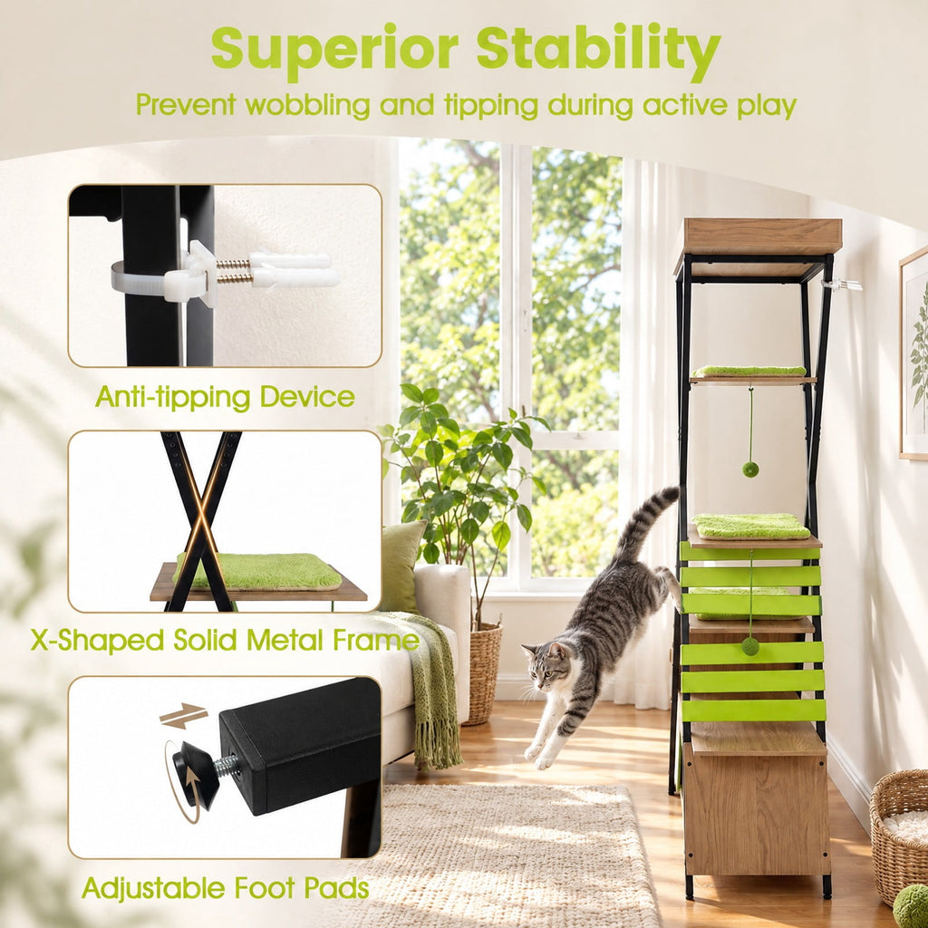Airfind 73 Inch Multi-level Cat Tree for Indoor Cats with Elevated Perch and Large Condo, 44 lbs Capacity, Engineered Wood Frame, Green