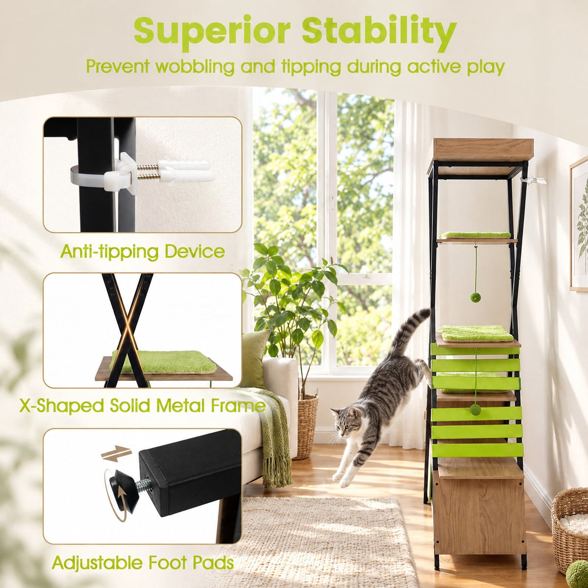 Airfind 73 Inch Multi-level Cat Tree for Indoor Cats with Elevated Perch and Large Condo, 44 lbs Capacity, Engineered Wood Frame, Green