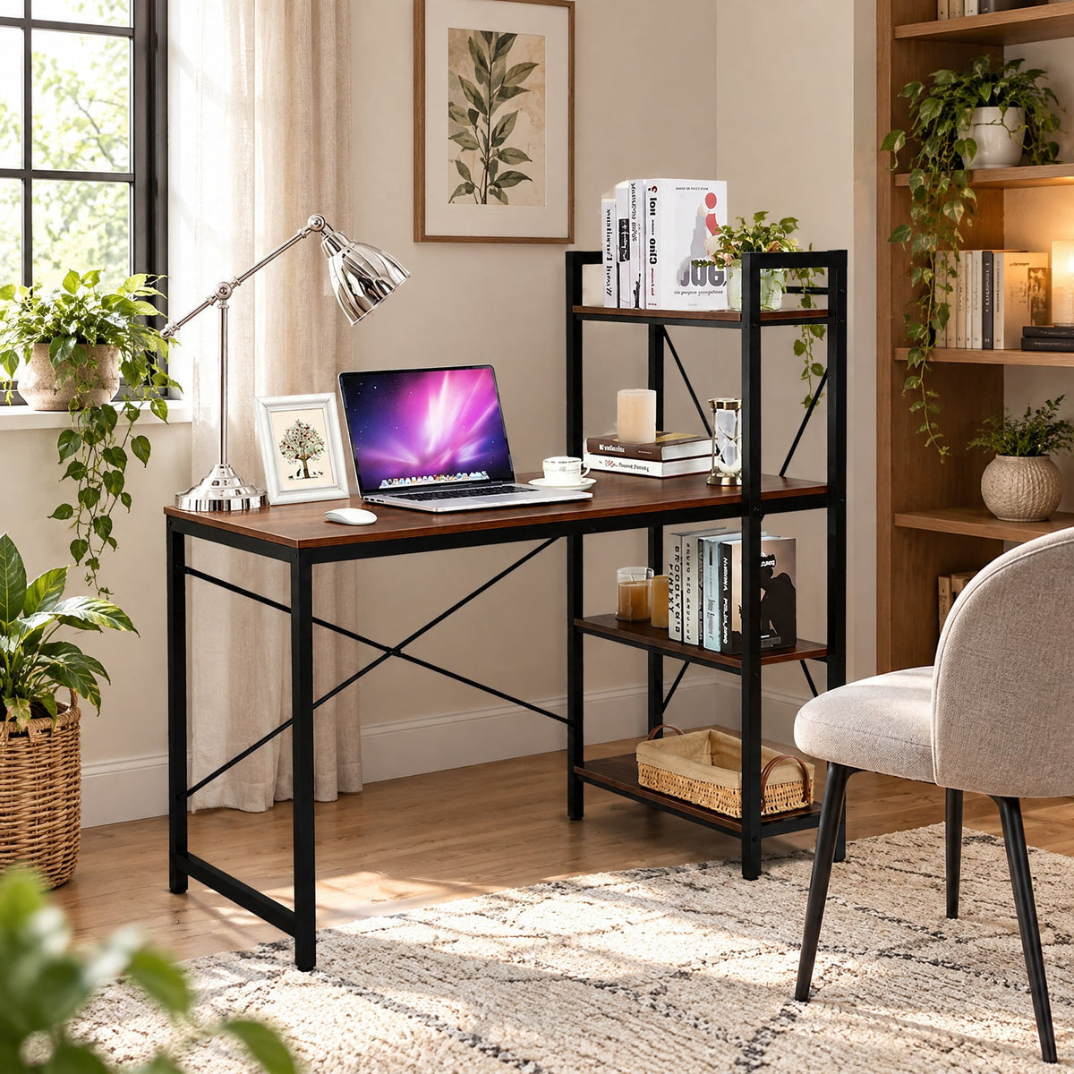 Airfind 47.5 Inch Writing Study Computer Desk with 4-Tier Shelves, P2 MDF Iron Frame, Tan, Product size 47.5in x 24in x 48in (L x W x
