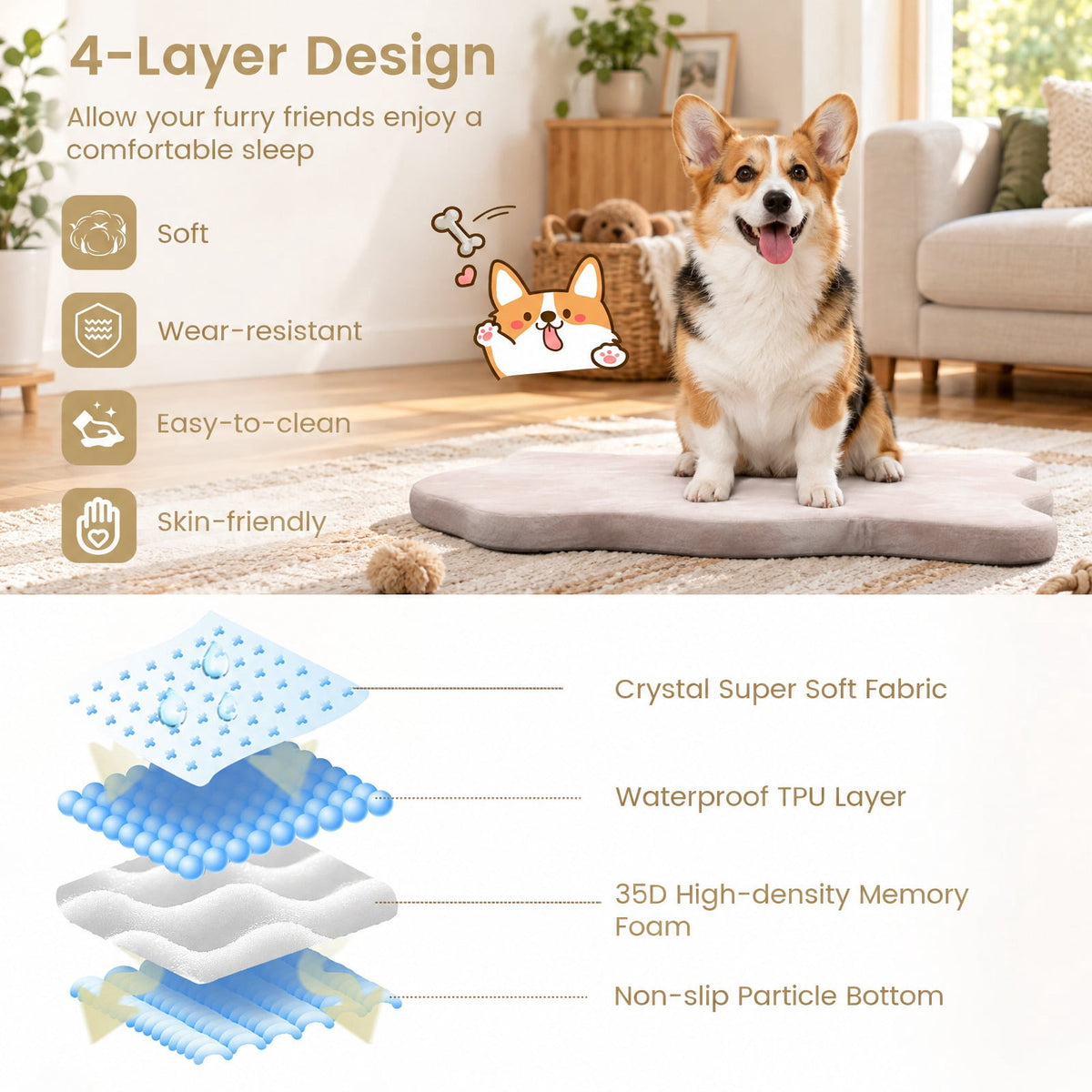 Airfind Orthopedic Dog Bed with Memory Foam Support for Large Dogs, 35D Memory Foam TPU Polyester Crystal Super Soft Fabric Frame, Beige