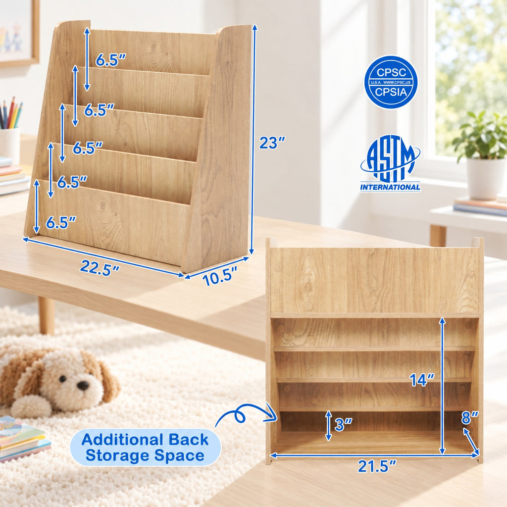 Airfind 4-Tier Kids Bookshelf with Deep Compartments for Bedroom, Natural, 4 open and deep compartments for book storage