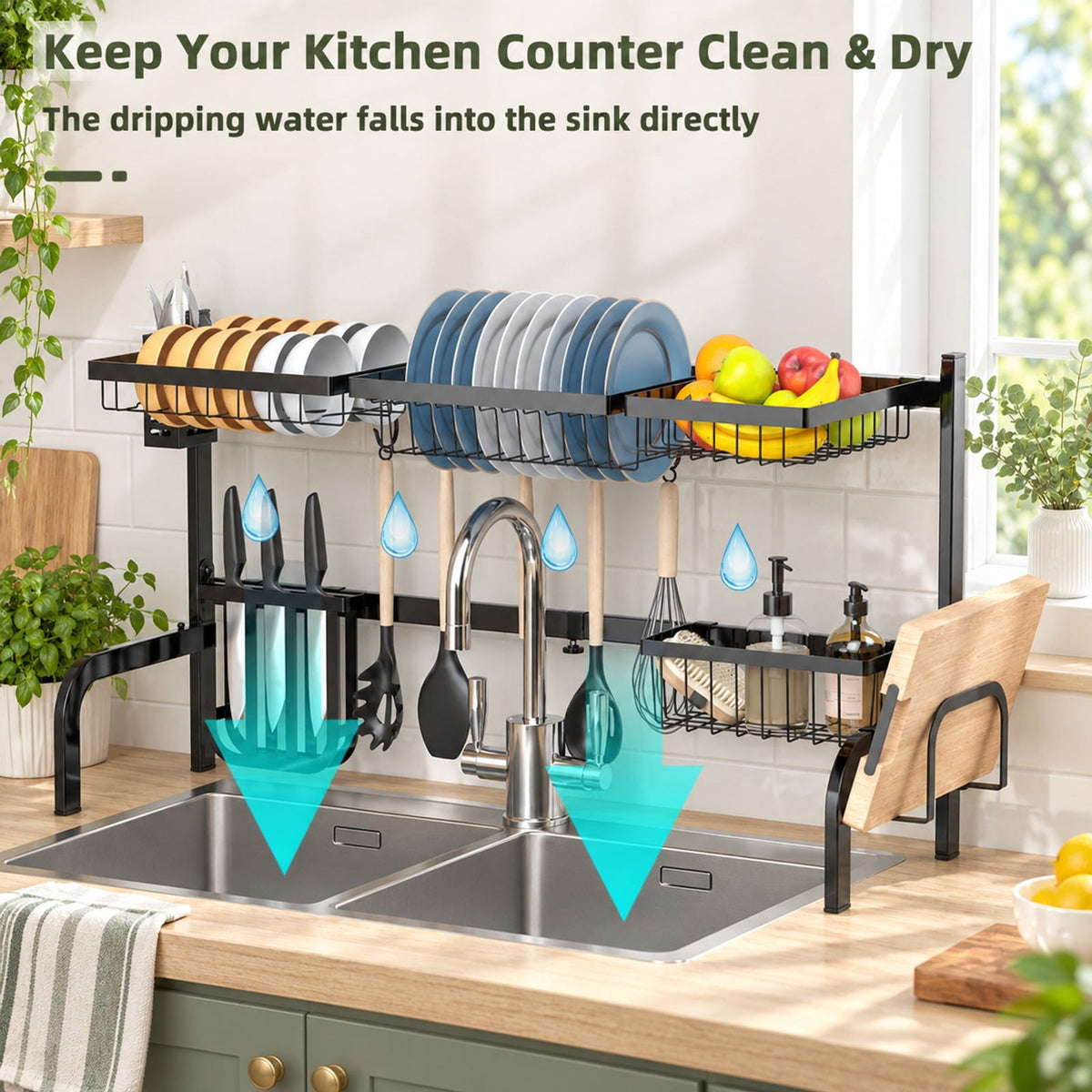 Airfind 2 Tier Adjustable Over Sink Dish Drying Rack with 8 Hooks, Steel Frame, Black, Overall dimension 21-39 x 12 x 21(L x