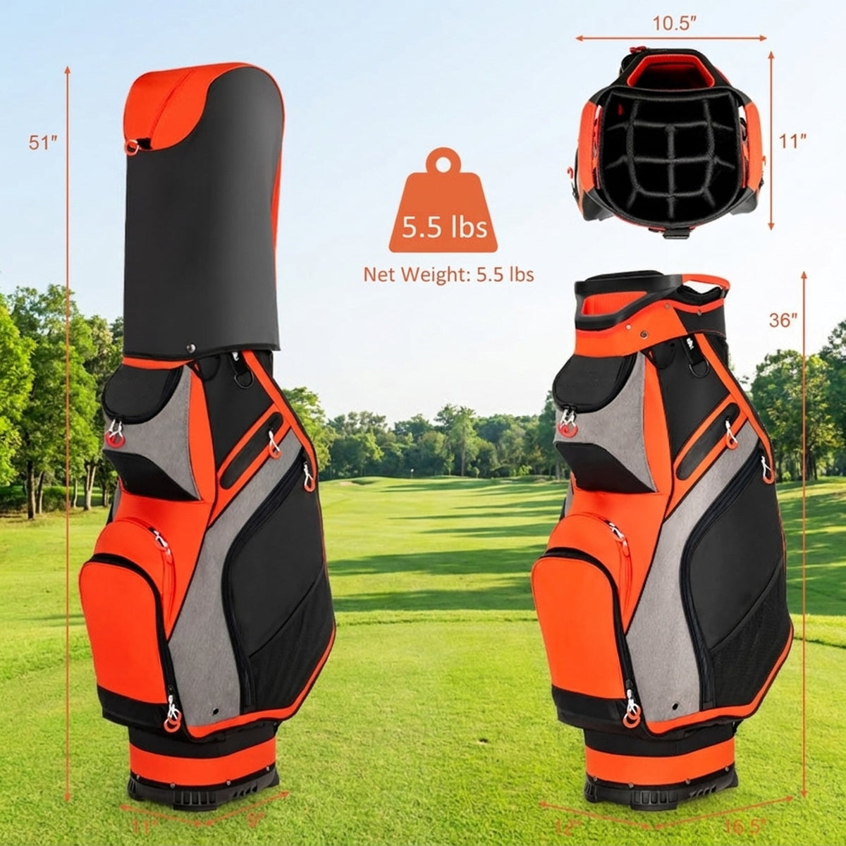 Airfind Golf Cart Bag with 9-Way Top and Insulated Cooler Pocket featuring matching headcovers with a velour-lined valuables pocket for cart-mounted rounds, Red