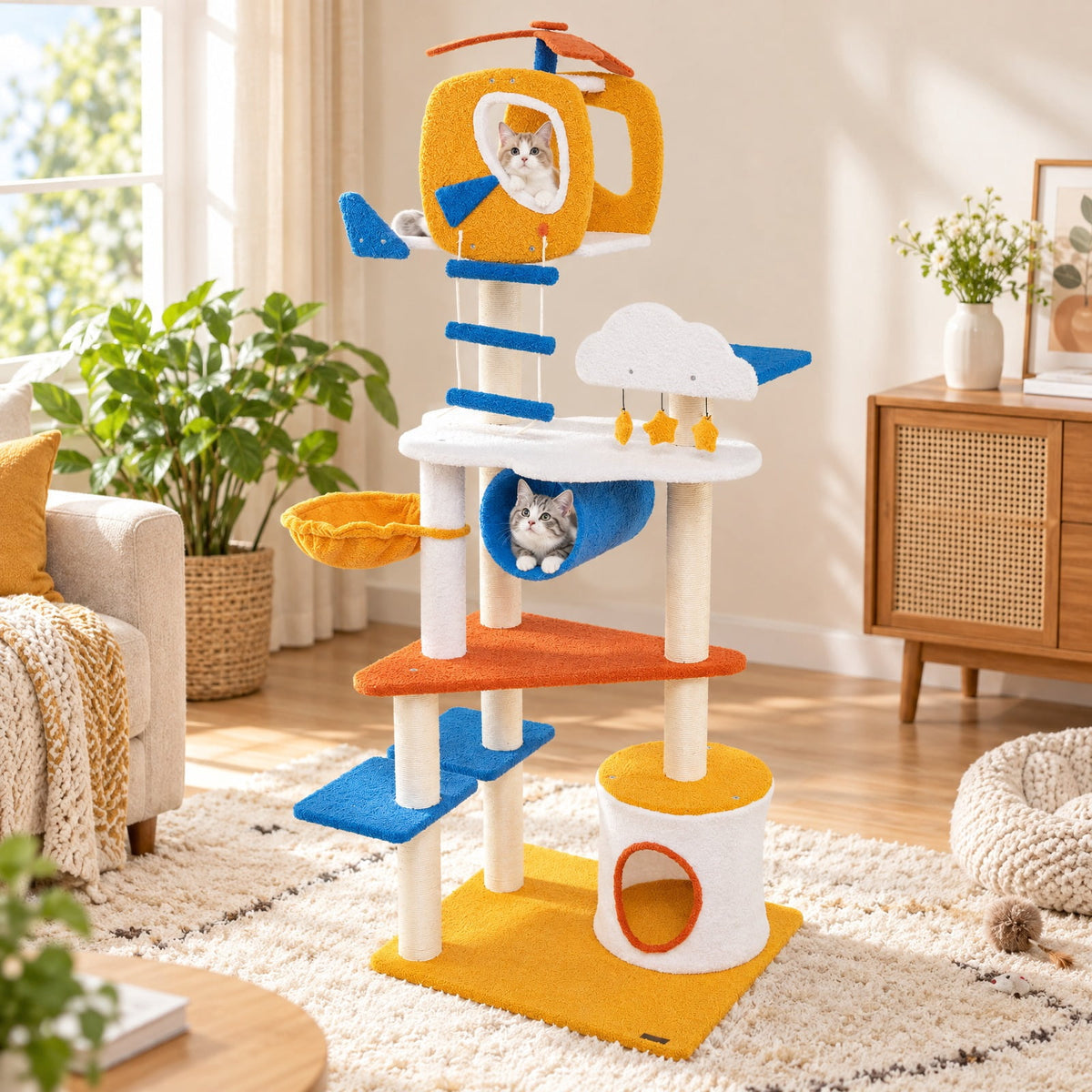 Airfind 70 Inch Tall Aviation-themed Cat Tree with Helicopter Top Perch and Platforms, 22 lbs Capacity, Engineered Wood Sisal Teddy Fleece Frame