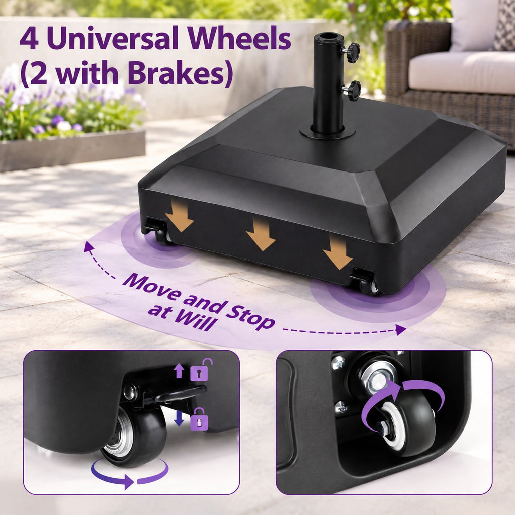 Airfind Outdoor Fillable Umbrella Base with Wheels Water Sand Weighted Umbrella Stand, PP Metal PVC Frame, 21.5 Inch x 21.5 Inch x 16 Inch Footprint, Black