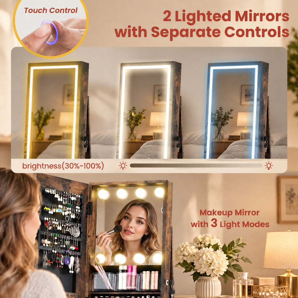 Airfind 360° Swivel Freestanding Jewelry Cabinet with Lighted Full Length Mirror, MDF Frame, Brown, Open storage shelves for easy reach
