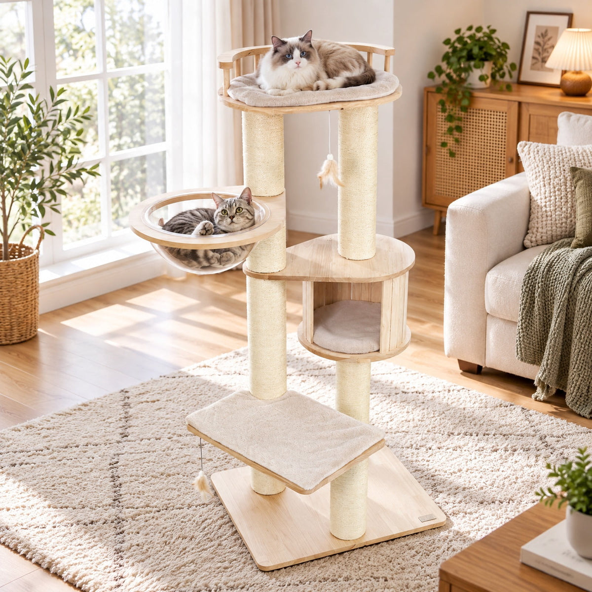 Airfind Cat Tree for Indoor Kittens with Top Perch Condo Space and 3 Hanging Feather Toys, 4 Inch Sisal Scratching Posts for Cats to Claw, Beige