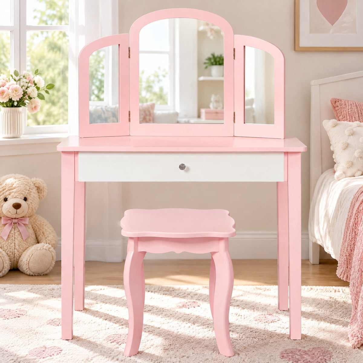 Airfind Kids Princess Make Up Dressing Table with Tri-folding Mirror and Chair, 33 lbs Capacity, MDF Frame, 27.5 x 13.5 x 37.5 Footprint, Pink