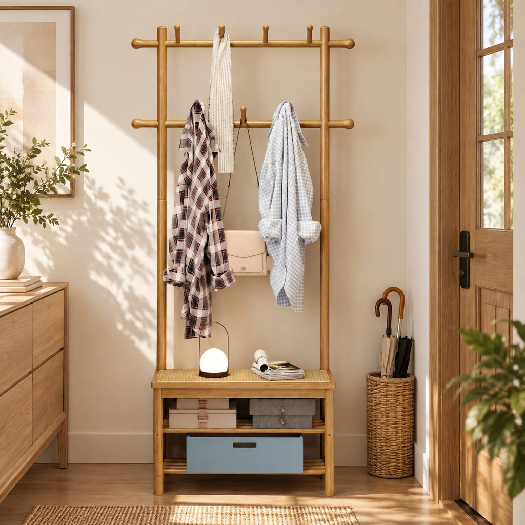 Airfind Bamboo Coat Rack PE Rattan Hall Tree with Bench and Shoe Storage 3-In-1 Entryway Bench, 11 Lbs Capacity, Bamboo PE Rattan, Natural