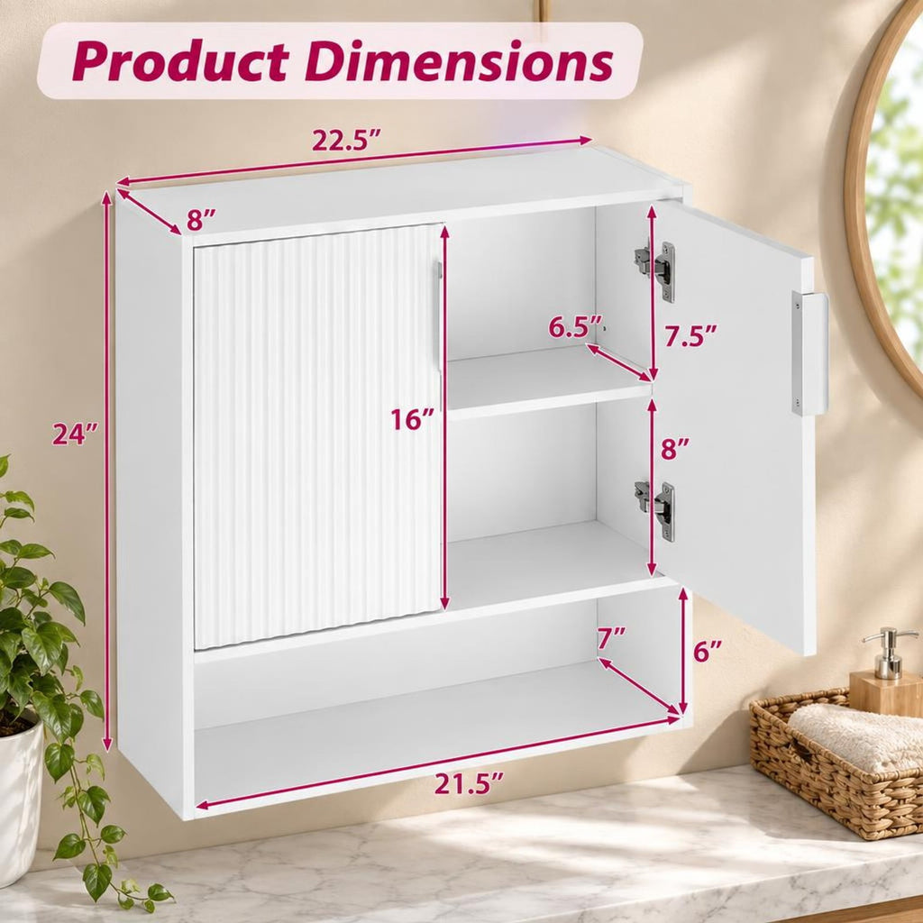 Airfind Bathroom Wall Cabinet with 2 Fluted Doors and Open Cube and Adjustable Shelf, 22 lbs Capacity, MDF Frame, 22.5in x 8in x 24in Footprint, White
