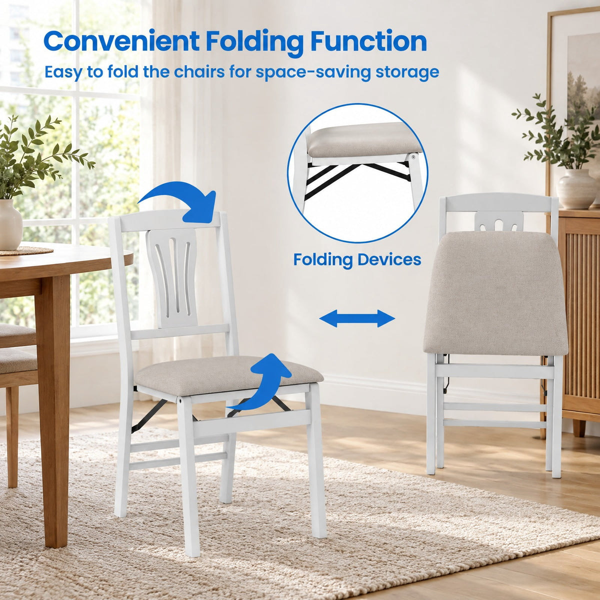 Airfind Folding Kitchen Chairs Set of 4 Upholstered Dining Chairs with Comfy Padded Seats, 375 Lbs Capacity, 21 Inch X 17 Inch X 34.5 Inch, White