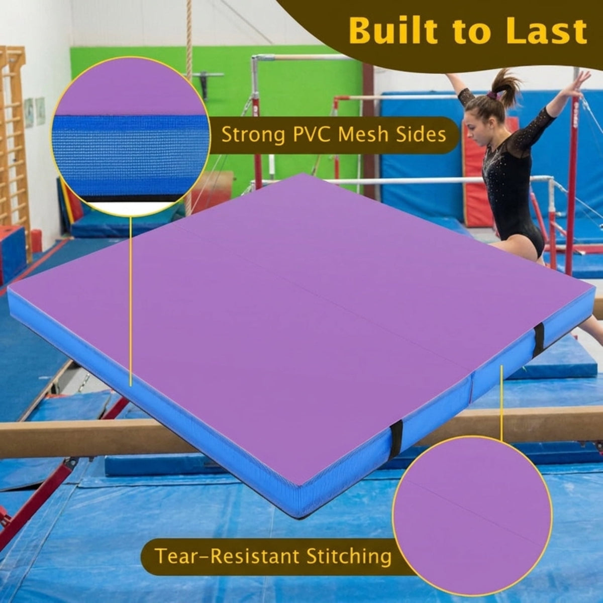 Airfind 4 x 4 FT Bi-Folding Gymnastic Tumbling Mat with Carry Straps and Washable Cover, 4 Inch Thick Foam Exercise Mat, Purple