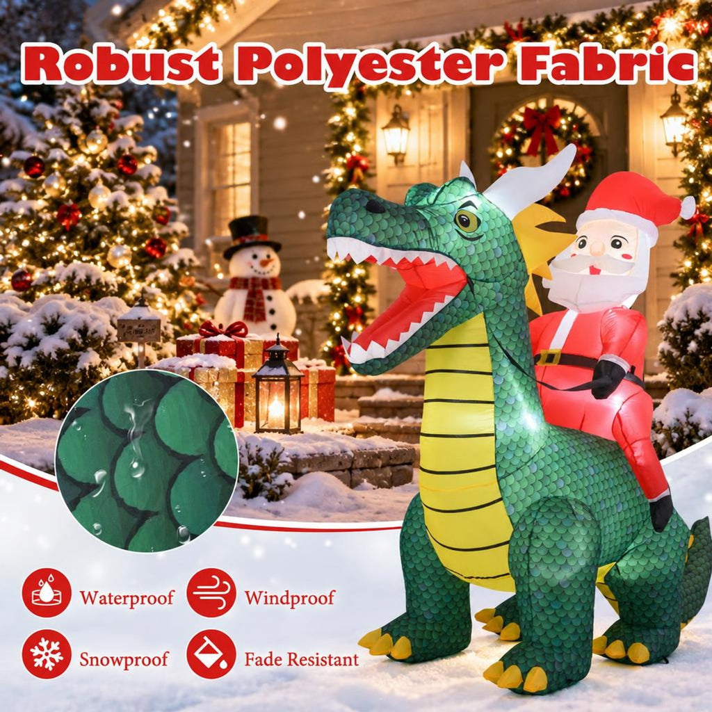 Airfind 6.7 Feet Christmas Inflatable Santa Claus Ride on Dinosaur with Built, Polyester Fabric Frame, 6.7 ft x 3 ft x 6 ft Footprint, Multi-color