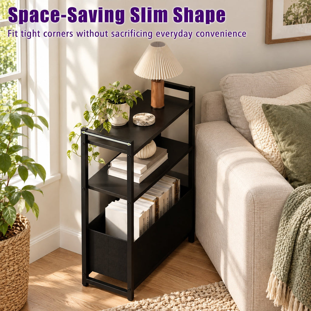 Airfind Narrow End Table with Storage Shelves and Metal Frame, 25 lbs Capacity, Engineered Wood Metal Fabric Frame, 19 x 8 x 25.5 Footprint