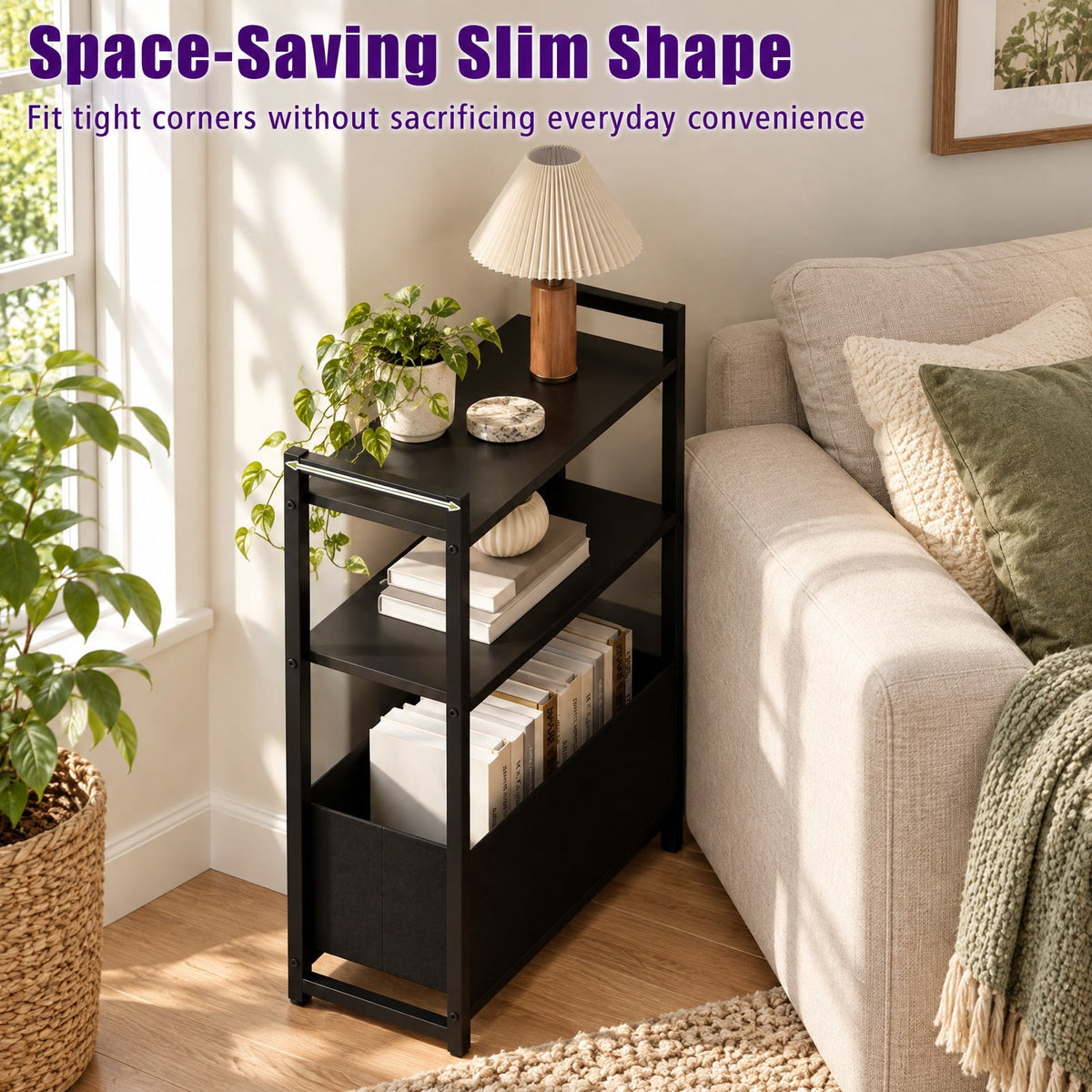 Airfind Narrow End Table with Storage Shelves and Metal Frame, 25 lbs Capacity, Engineered Wood Metal Fabric Frame, 19 x 8 x 25.5 Footprint