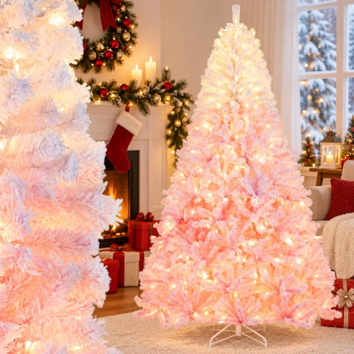 Airfind 8 FT Artificial Christmas Tree with Warm White LED Lights and 8 Modes for Holiday-8 Feet, PVC Metal Frame, Pink