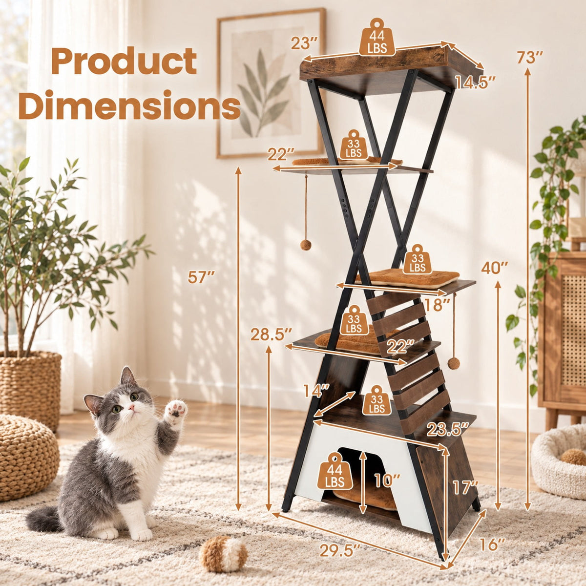Airfind 73 Inch Multi-level Cat Tree for Indoor Cats with Elevated Perch and Large Condo, 44 lbs Capacity, Engineered Wood Frame, Brown