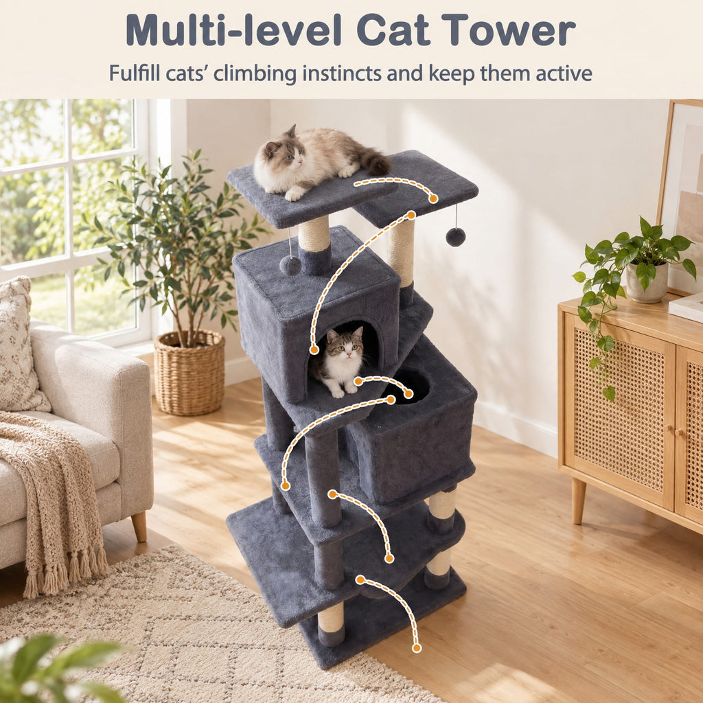 Airfind 57 Inch Cat Tree with Dual Condos and Hammock and 2 Dangling Balls, 29 x 16 Footprint, Gray