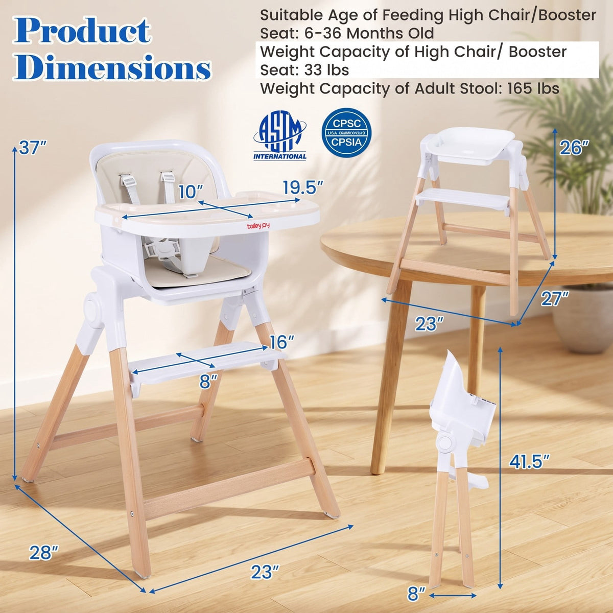 Airfind 4-in-1 Convertible Baby High Chair with Detachable Adjustable Tray, Beech, Model AD10112BE