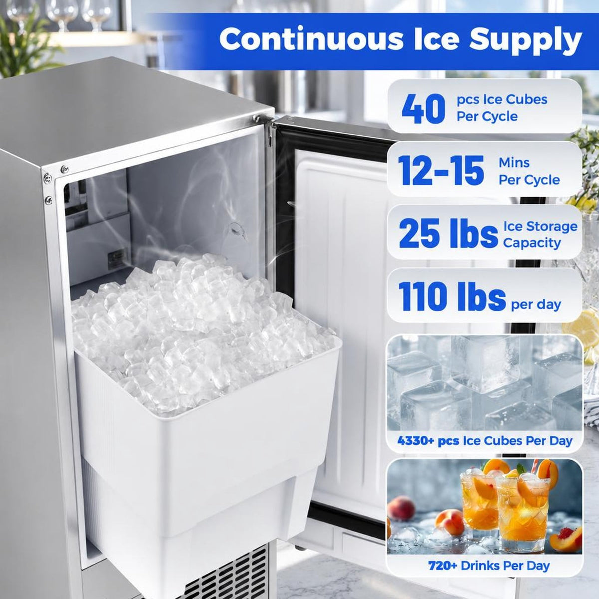 Airfind Commercial Ice Maker with 25 lbs Storage Capacity for Home Bar Cafe, Stainless Steel Galvanized Steel Frame, Silver