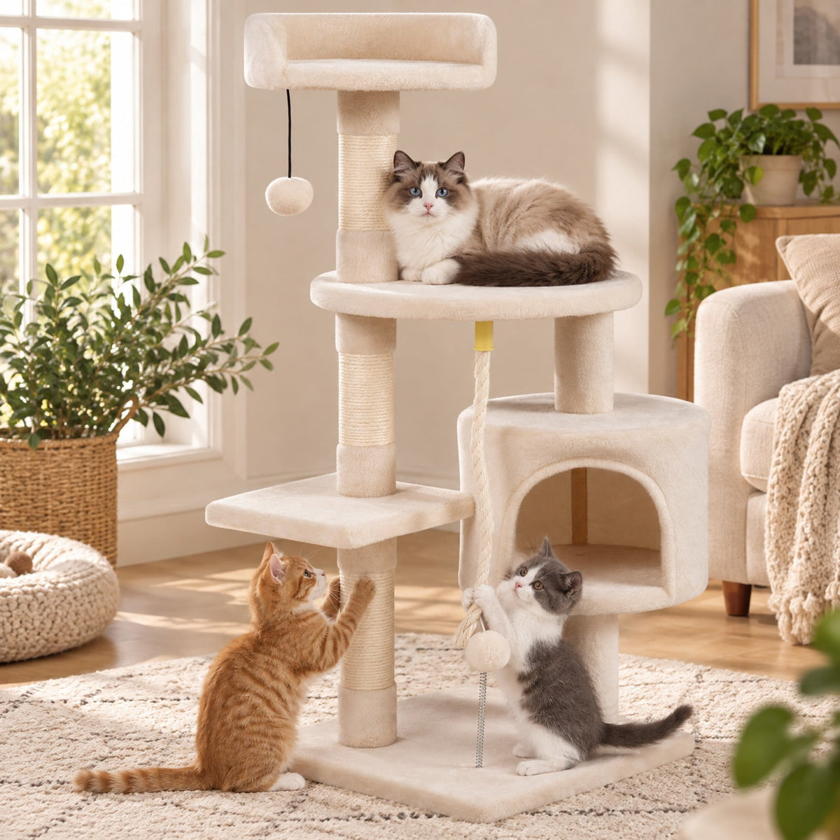 Airfind 36 Inch Tall Kitten Tower with Condo and Plush Perch, 22 Lbs Capacity, Engineered Wood Sponge Plush Fabric Sisal Base, Beige