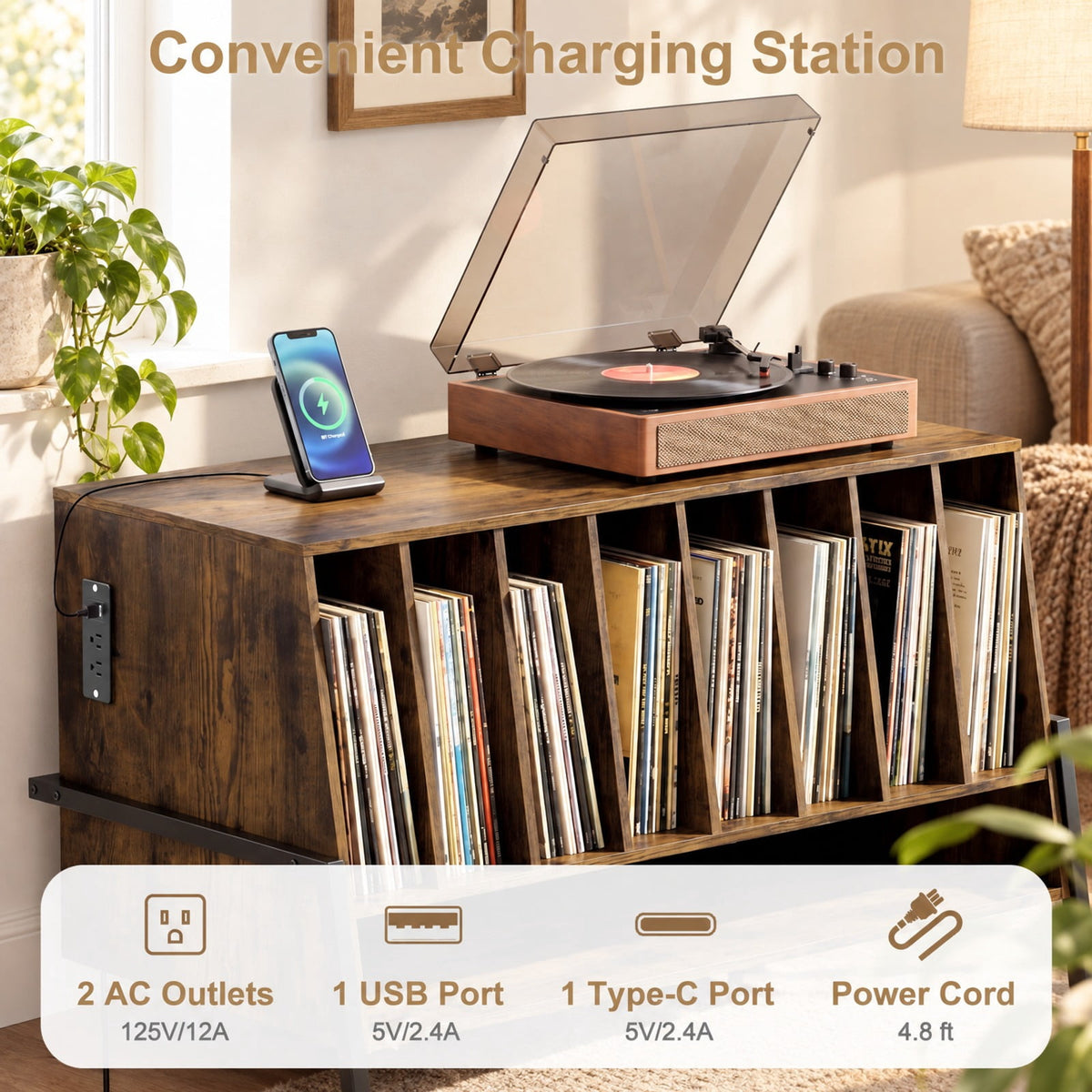 Airfind Turntable Stand with Charging Station and Vinyl Storage Shelves, 44 lbs Capacity, Engineered Wood MDF Metal Frame, Brown