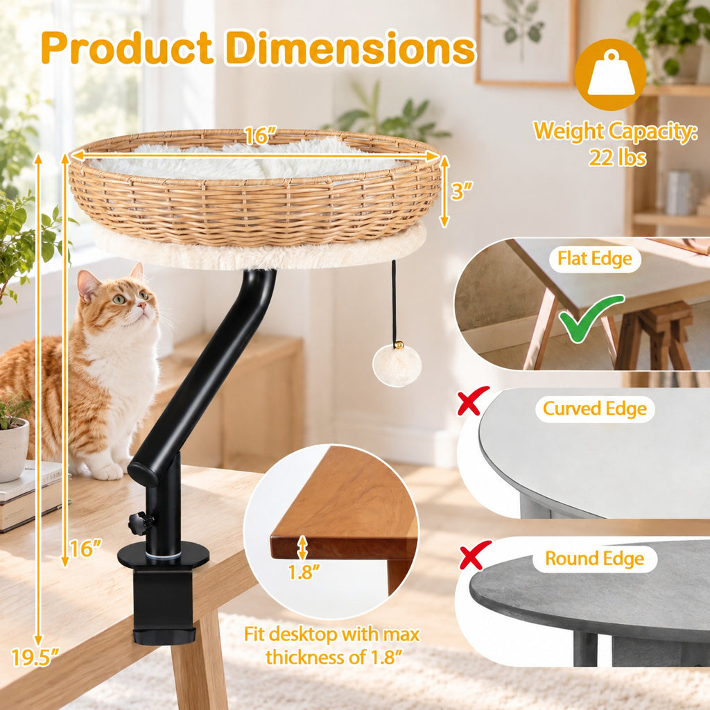 Airfind Cat Desk Bed with Removable Padded Cushion for Indoor Cats, 22 lbs Capacity, PE Rattan Metal MDF Plush Fabric Frame, Natural