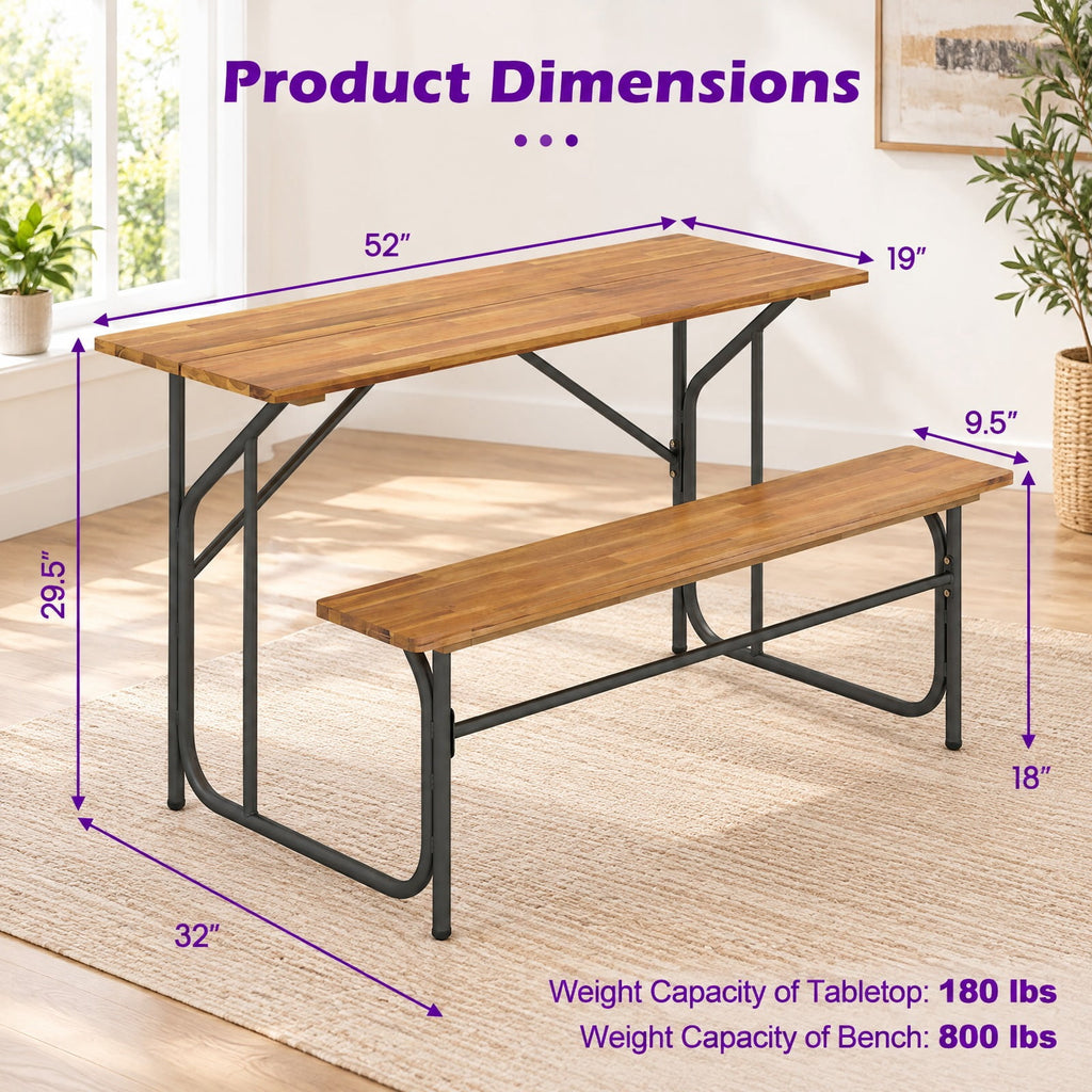 Airfind Acacia Wood Patio Table Bench for 2 People One, 180 lbs Capacity, Acacia Wood Metal Frame, 52 x 32 x 29.5 Footprint, Wood