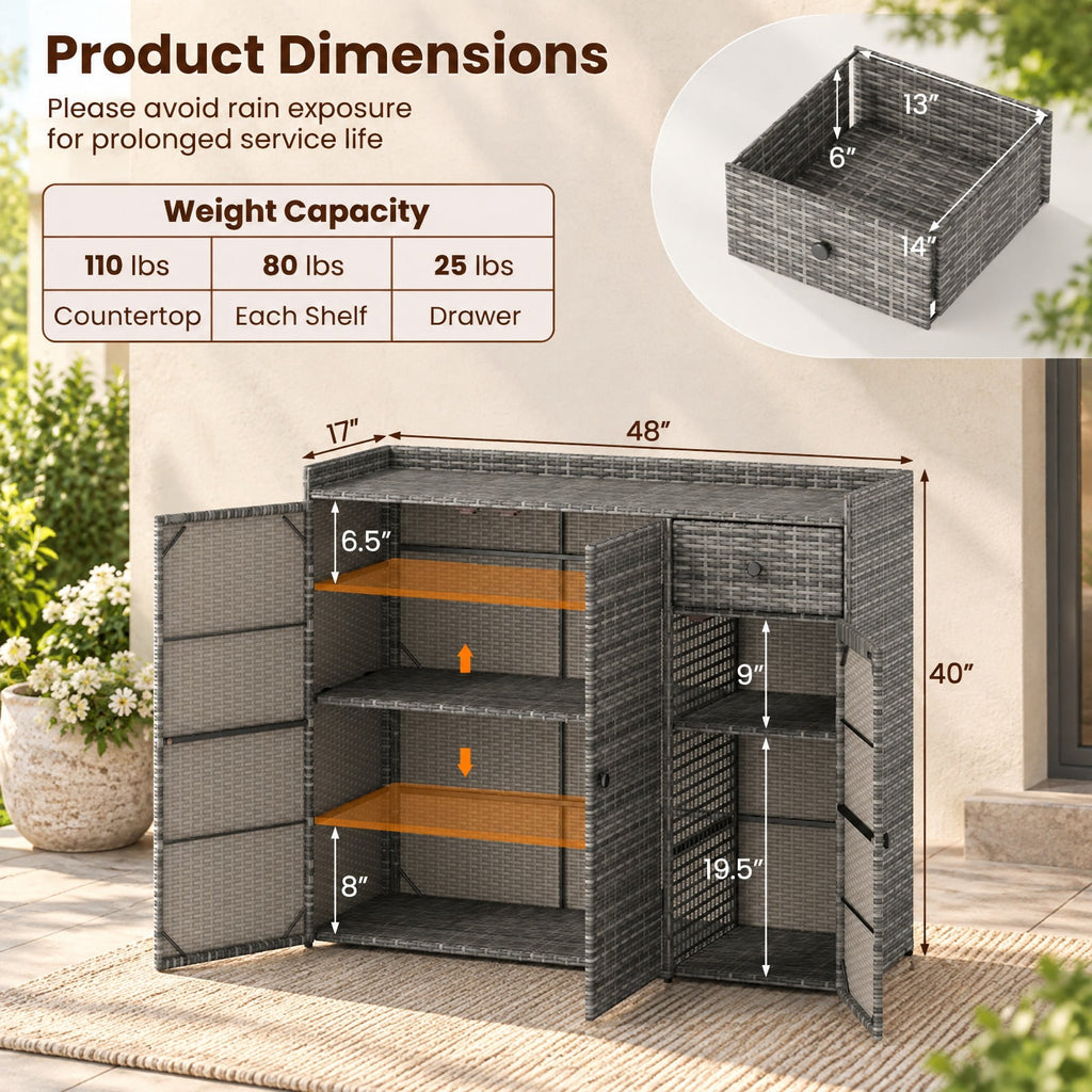 Airfind 3 Doors Outdoor PE Wicker Storage Cabinet for Deck, 110 lbs Capacity, PE Rattan Metal Frame, 48 x 17 x 40 Footprint, Gray