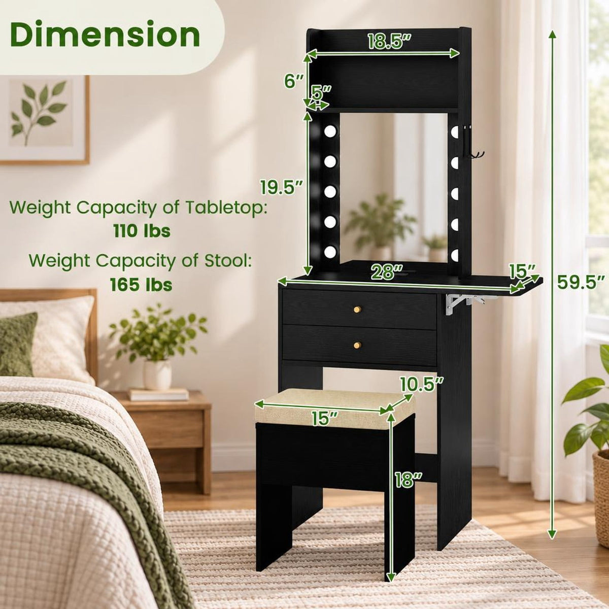 Airfind Compact Vanity Desk Set with 3-Color Lighted Mirror and Power Outlets, 50 kg Capacity, MDF Engineered Wood Glass Sponge Frame, Black