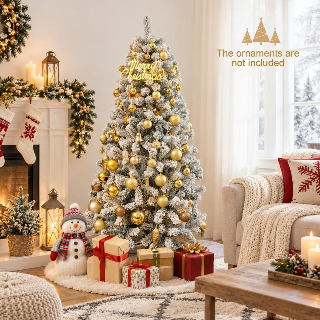Airfind 6 Feet Artificial Snow Decorated Flocked Hinged Christmas Tree with Metal Stand, White, Diameter of Metal Stand 18 Inch 20 Inch