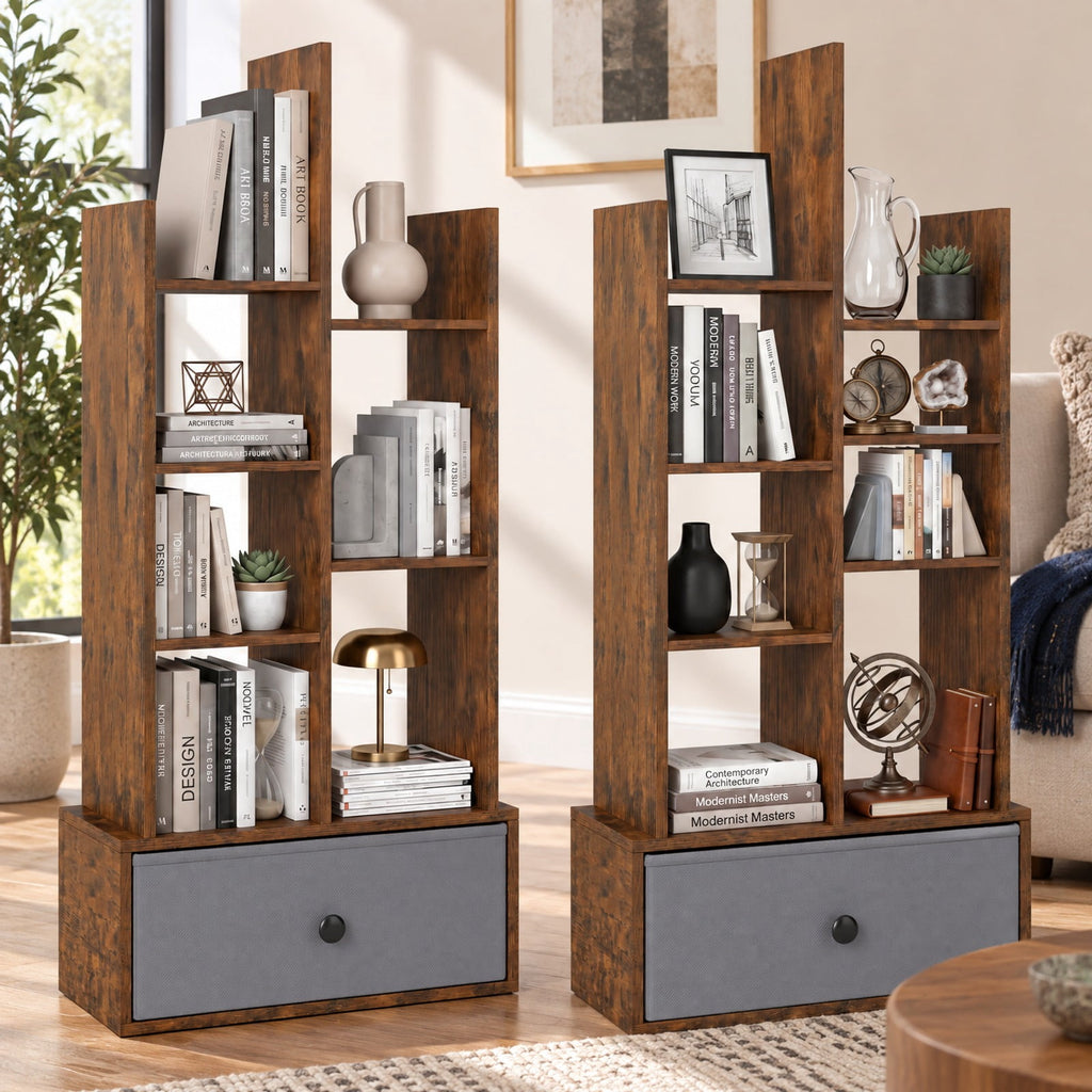 Airfind 7-Tier Open-Back Bookshelf with Drawer, 33 lbs Capacity, Engineered wood Frame, 21 Inch x 9.5 Inch x 47 Inch Footprint, Brown