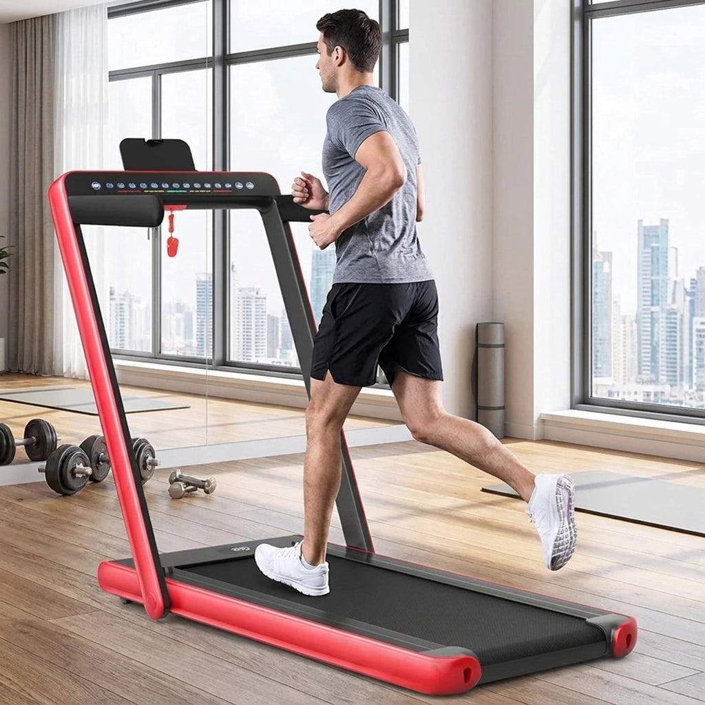 Airfind 2-in-1 Walk-to-Run Folding Treadmill for home with audio console and app sync plus cushioned belt for small spaces, Red