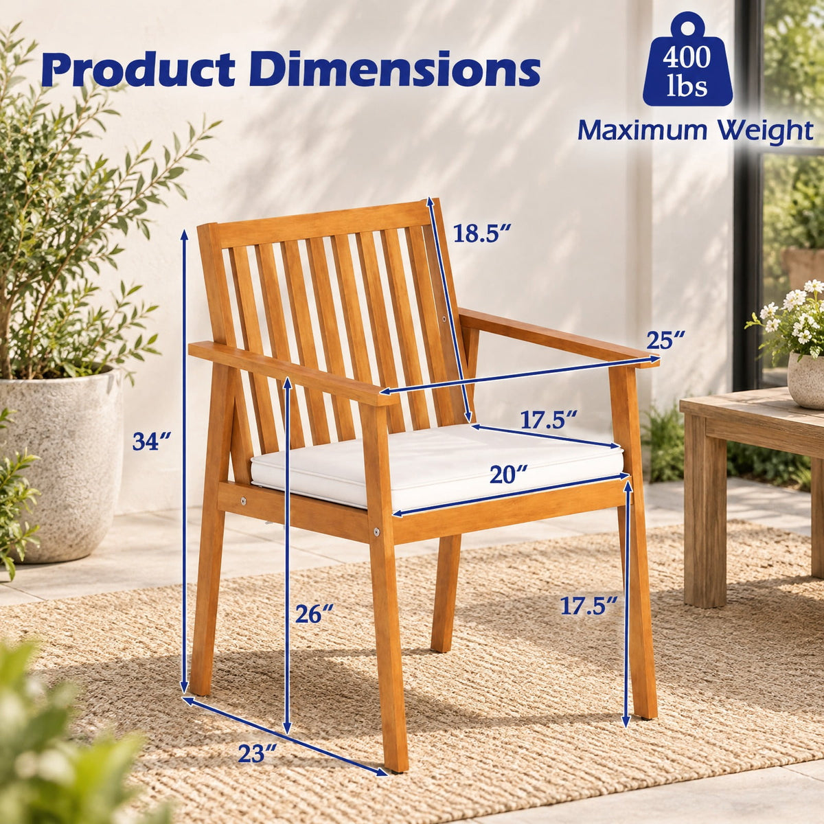 Airfind 2 Pieces Patio Dining Chairs Outdoor Acacia Wood Chairs with Removable Padded Cushion, Acacia Wood Sponge Non-woven Fabric Frame, Natural