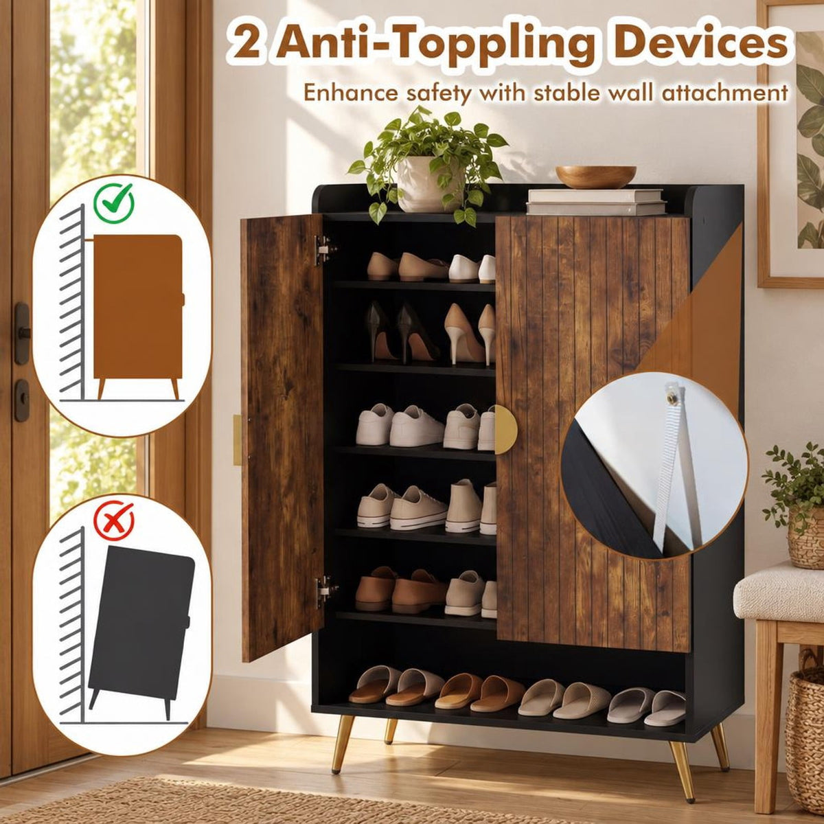 Airfind 44in Tall Shoe Storage Cabinet with 7-Tier Doors and Adjustable Shelves for Entryway, 110 lbs Capacity, Engineered Wood Metal Frame, Brown