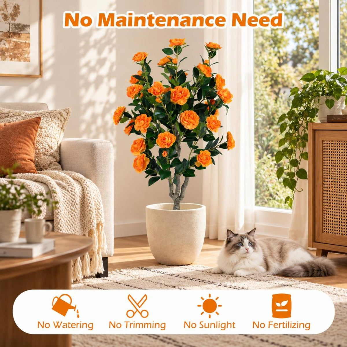 Airfind Set of 2 39.5 Artificial Camellia Tree with Orange Blossoms in Cement Pot for Decoration, Orange